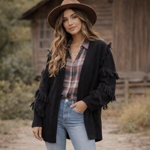 BiBi Cardigan Sweater Black Fringe Open Front Long Western Women's Sz Small NEW